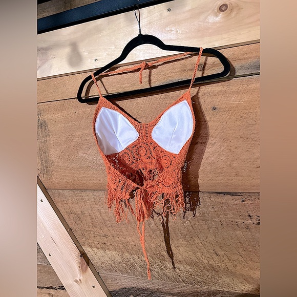 SHEIN CROTCHET TANK TOP CROPPED DISTRESSED ORANGE - Picture 4 of 8